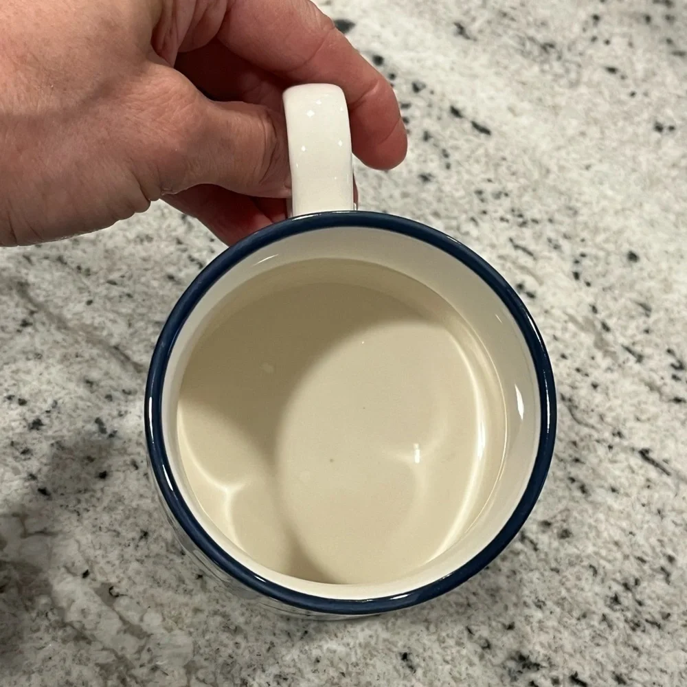 Hand Painted Under Glaze White and Blue Abstract Ceramic Coffee Mug NWOB